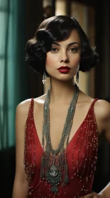 Captivating Woman in Red Dress with Art Deco Necklace
