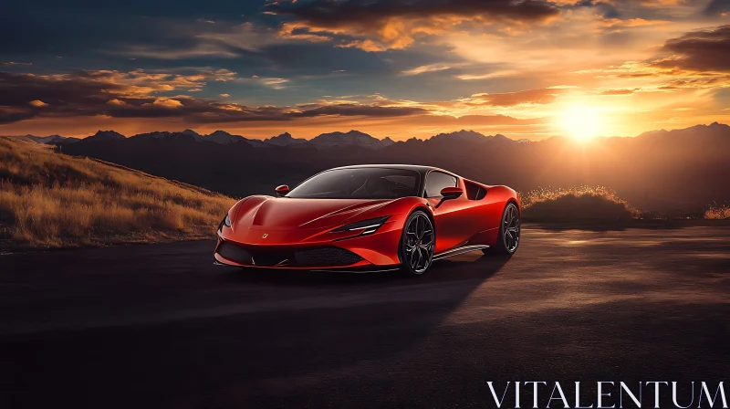 Sports Car in Sunset with Mountain View AI Image