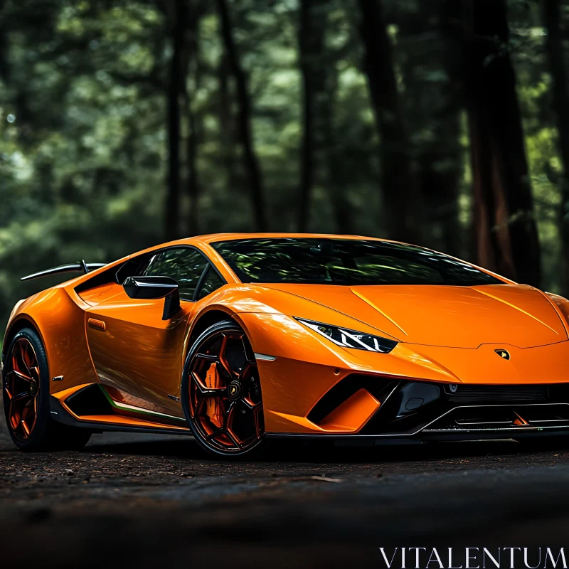 Luxury Orange Car Parked in a Forest AI Image