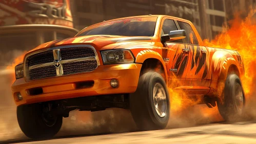 Speeding Orange Pickup Truck with Flames