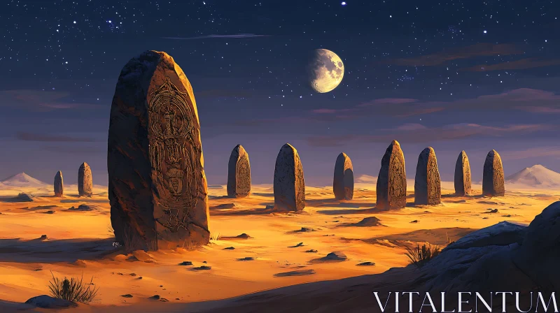 Surreal Desert Night with Ancient Stone Structures AI Image