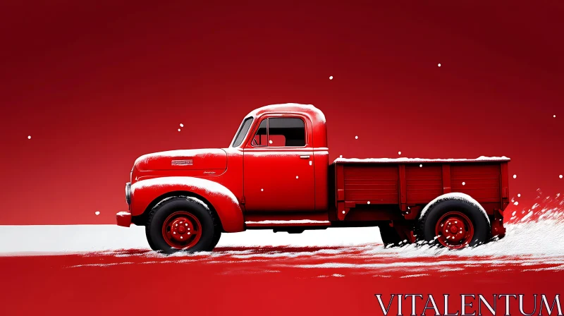 Classic Red Truck Driving Through Snow AI Image