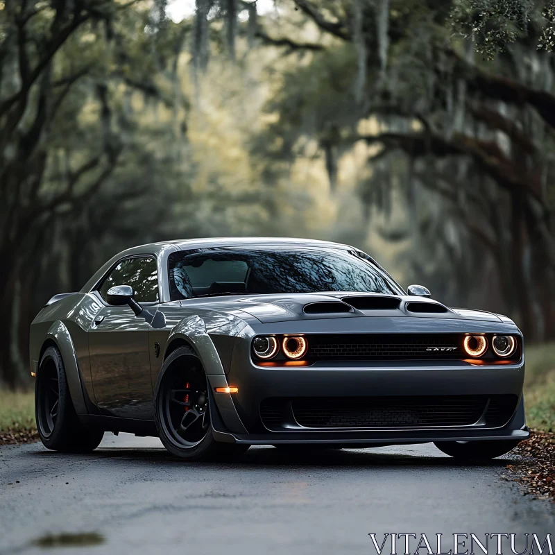 Sleek Metallic Car on Lush Forest Road AI Image