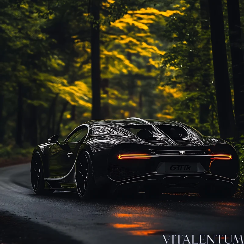 Luxury Sports Car Driving Through Lush Forest AI Image