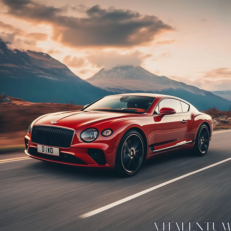 Elegant Red Sports Car in Majestic Mountain Setting AI Image