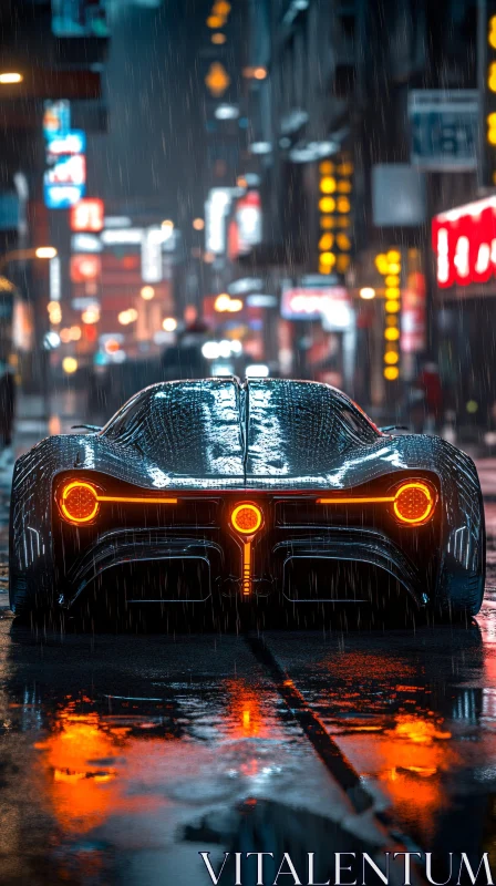 Neon-Lit Futuristic Car on Rainy Night AI Image