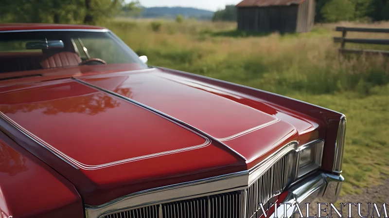 Vintage Red Car in Serene Countryside AI Image