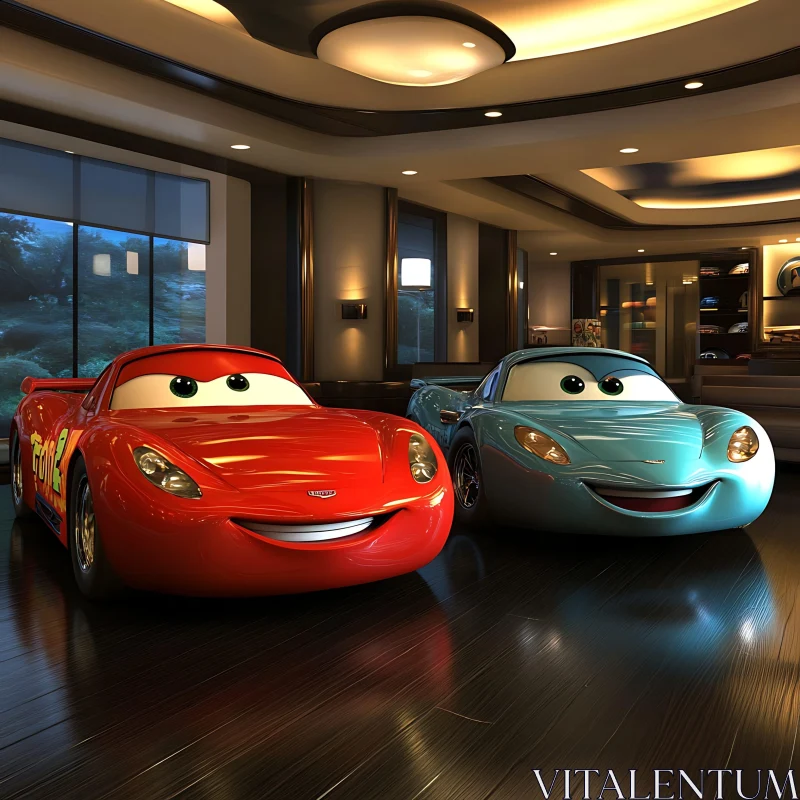 Smiling Red and Blue Cars in Modern Garage AI Image