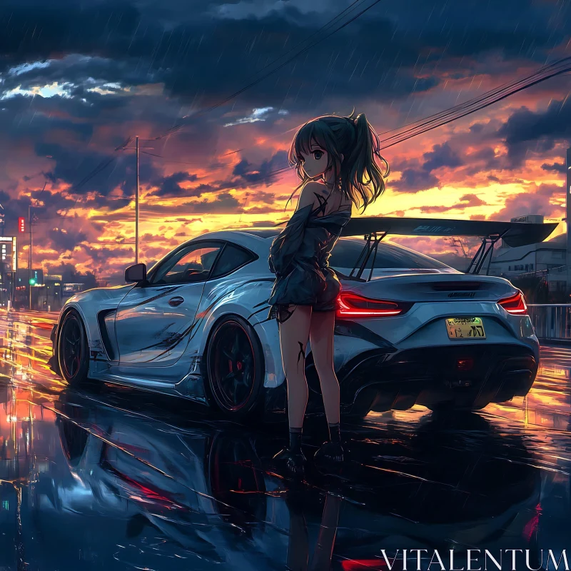 Rainy Sunset Anime Scene with Car AI Image