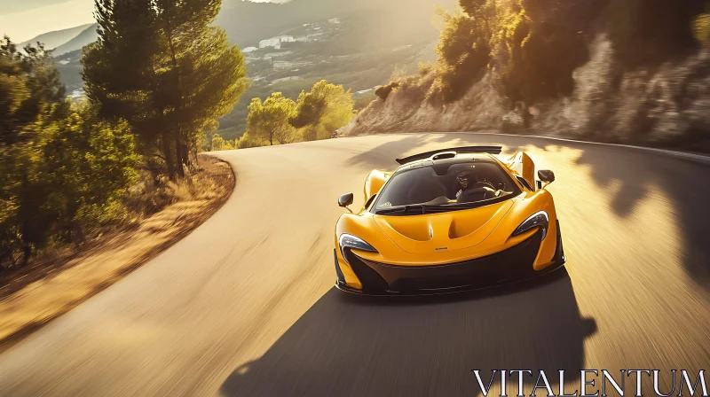 Luxury Yellow Car Driving Through Mountain Roads AI Image