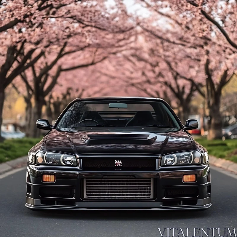 Black Car with Cherry Blossoms in Spring AI Image