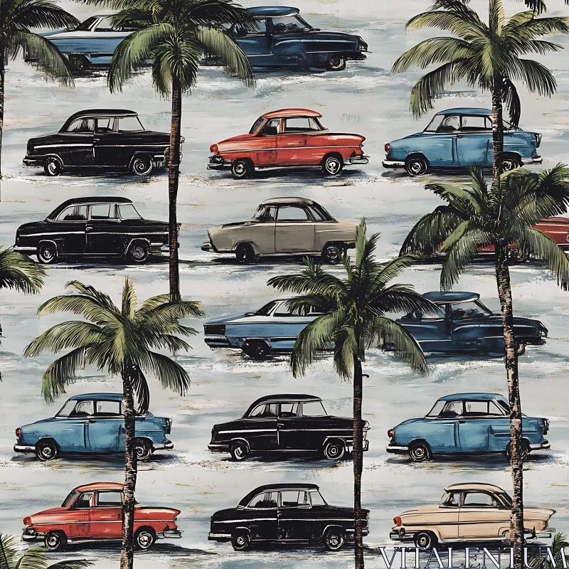 Retro Cars and Tropical Palm Trees AI Image