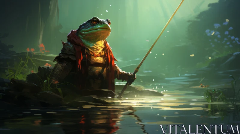 Enthralling Medieval-inspired Frog Fishing Scene AI Image