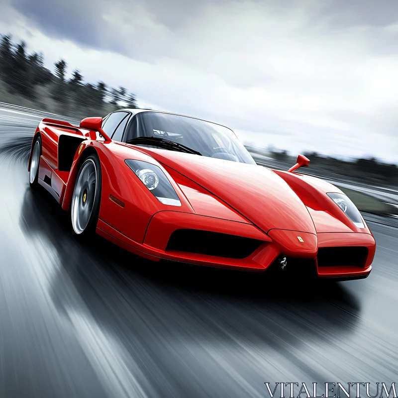 Speeding Red Sports Car in Action AI Image