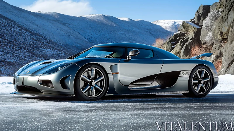 Luxury Silver Supercar Amidst Snowy Mountains AI Image