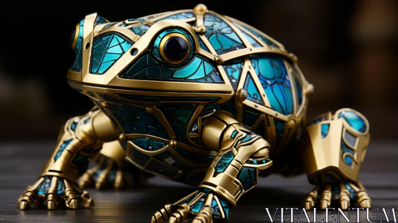AI ART Gold and Blue Frog Sculpture in Futuristic Cyberpunk Style