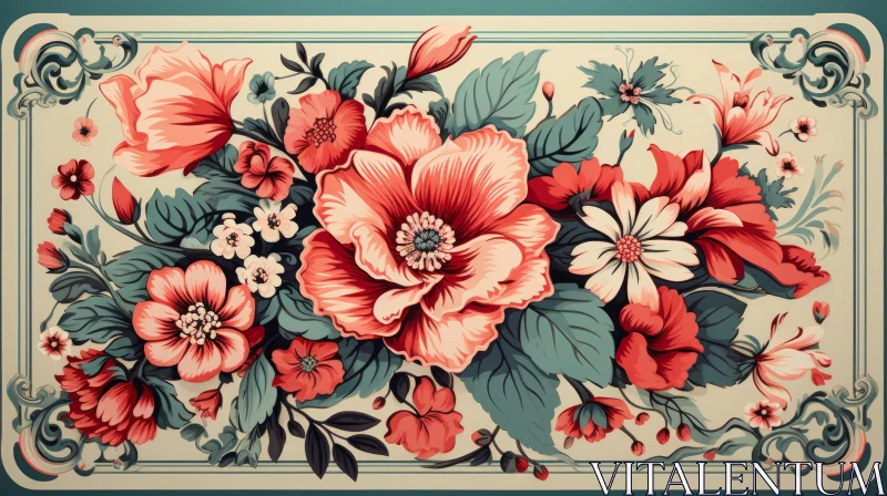 Vintage Red Flowers Poster with Decorative Borders AI Image