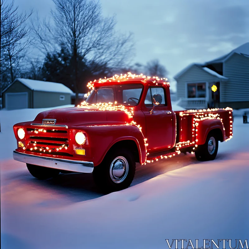 Festive Red Truck in Winter Wonderland AI Image