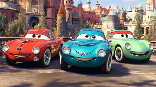 Colorful Cartoon Cars Amidst a Fantasy Castle