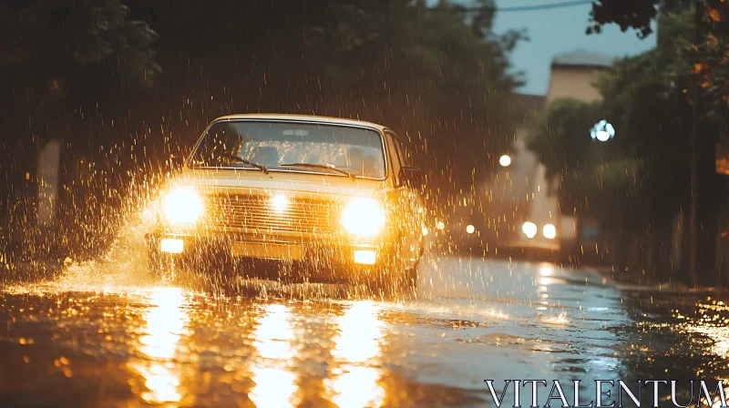 Classic Automobile on a Rain-Soaked Street AI Image