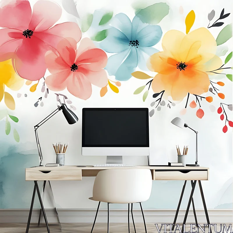 Stylish Office Decor with Colorful Floral Art AI Image