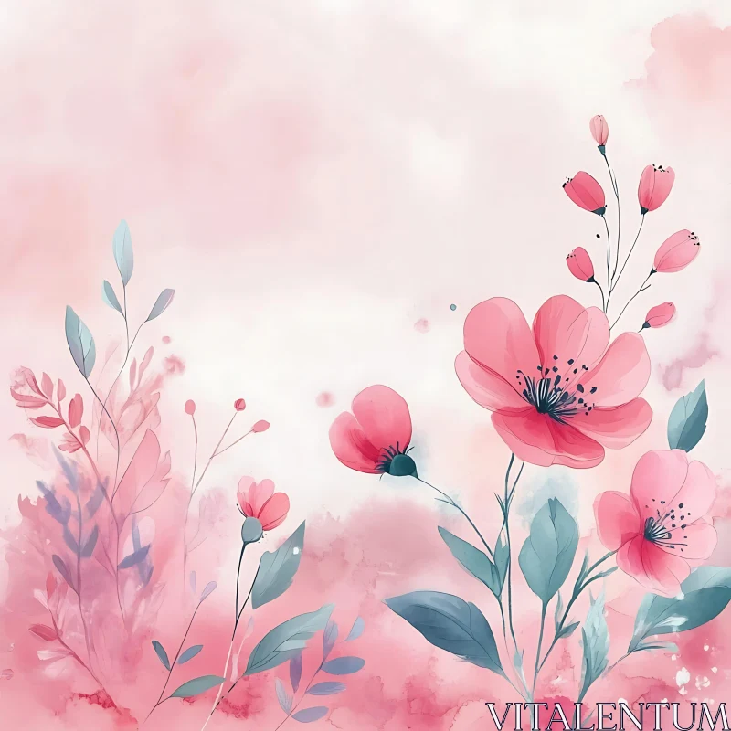 Pink Flowers in Watercolor AI Image