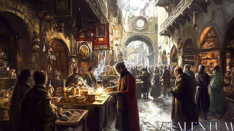 Bustling Medieval Marketplace on Cobblestone Street AI Image