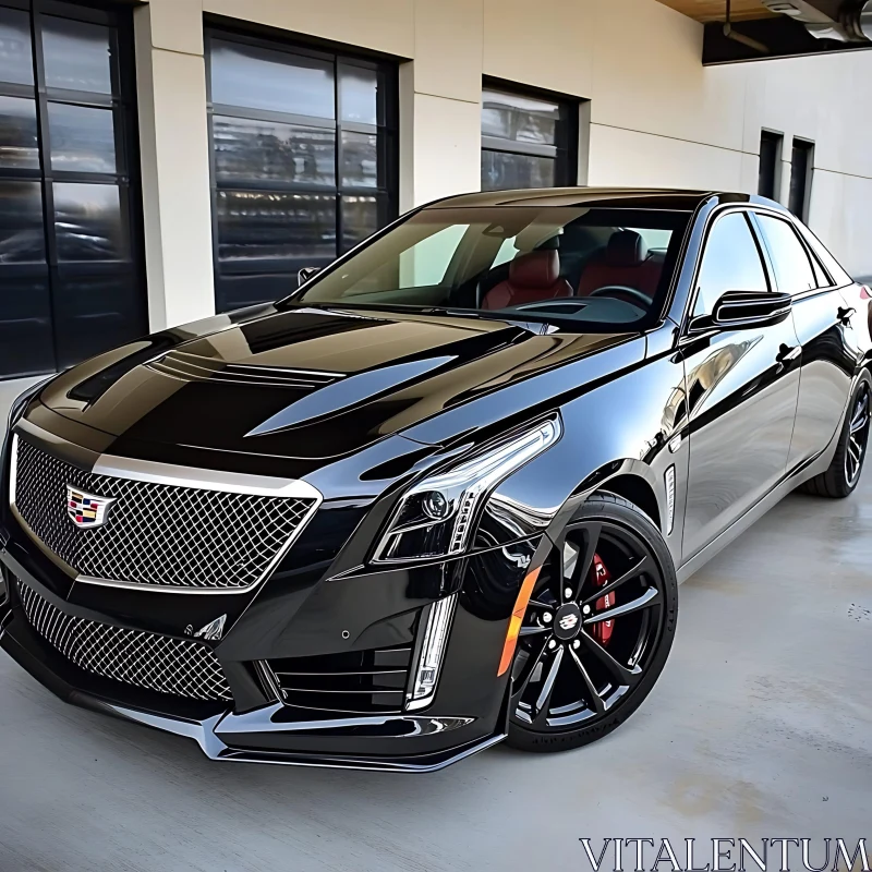 Black Sedan with Polished Exterior and Red Leather Interior AI Image