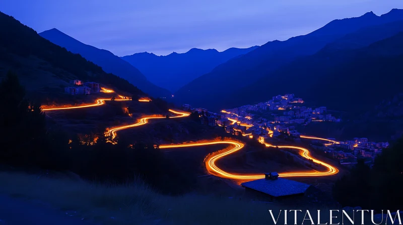 Night Mountain Landscape with Glowing Path AI Image