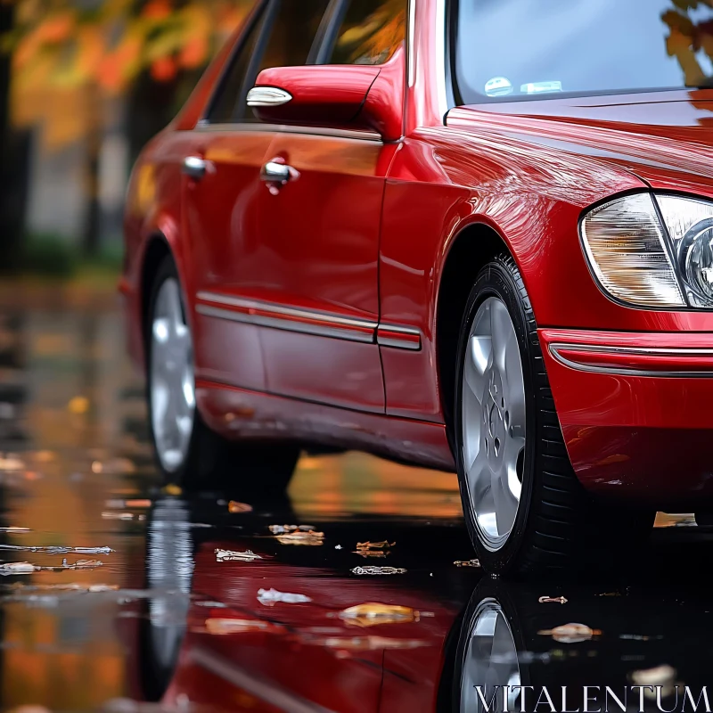 Gleaming Red Car in Autumn Setting AI Image