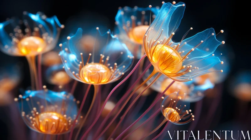 Luminous 3D Floral Art in Blue, Yellow and Orange AI Image