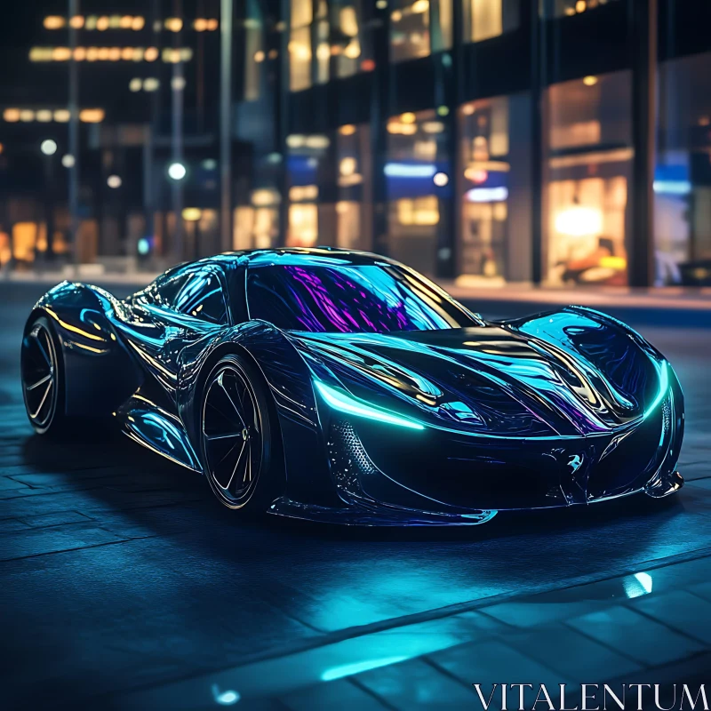 Neon-Lit Supercar in Modern Cityscape AI Image