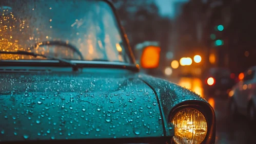 Rain-Drenched Classic Car at Night