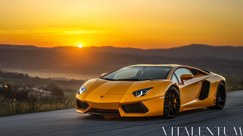 Luxury Sports Car in Sunset Landscape AI Image