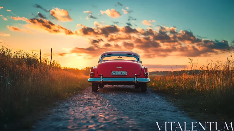 AI ART Classic Red Car in a Serene Sunset Landscape