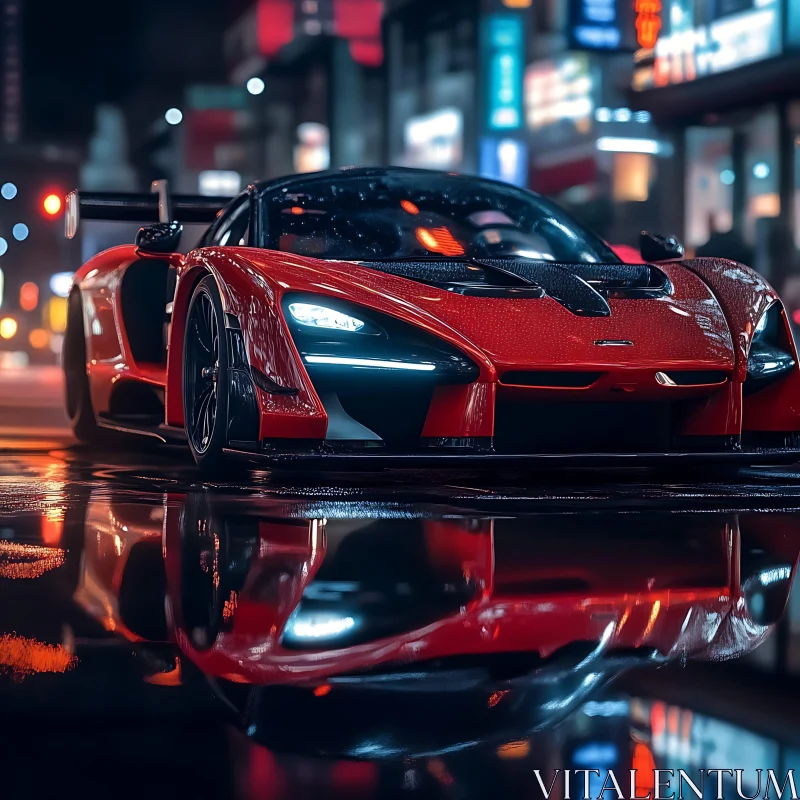 Sleek Red Car with City Light Reflections AI Image