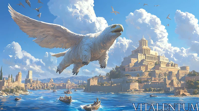 Huge Winged Beast Over Historic City by the Lake AI Image