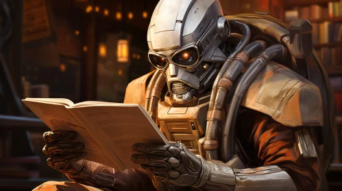 Man in Protective Gear Reading a Book in a Futuristic Setting