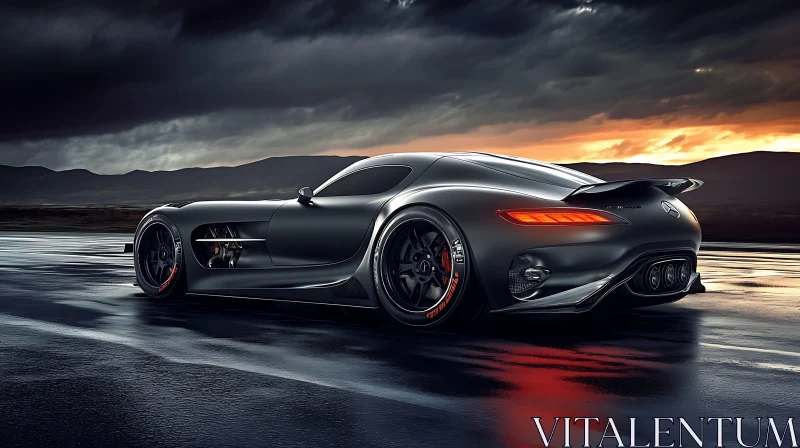 Aggressive Matte Black Sports Car on Wet Road with Sunset AI Image