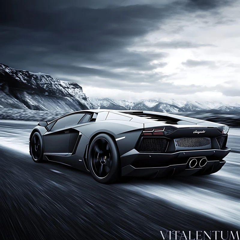 Sleek Black Supercar in Winter Landscape AI Image