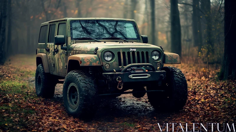 Off-Road Adventure with Camouflaged Jeep in Forest AI Image