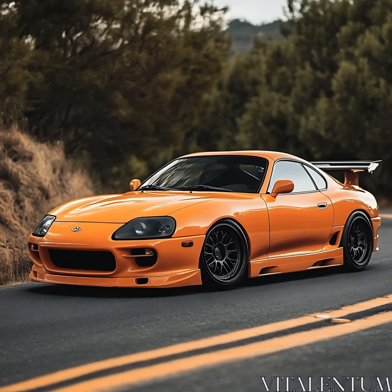 Sleek Orange Sports Car amidst Nature AI Image