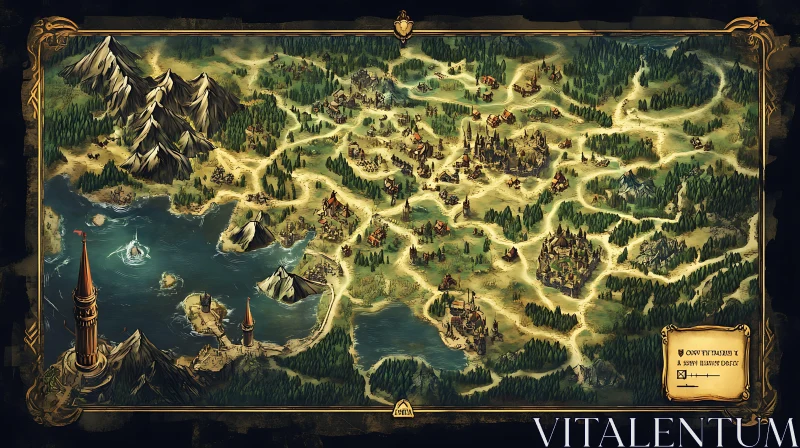 Detailed Medieval Fantasy Map with Kingdoms and Natural Elements AI Image