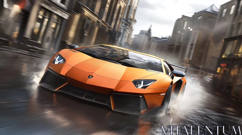 High-Speed Orange Supercar on Wet City Road AI Image