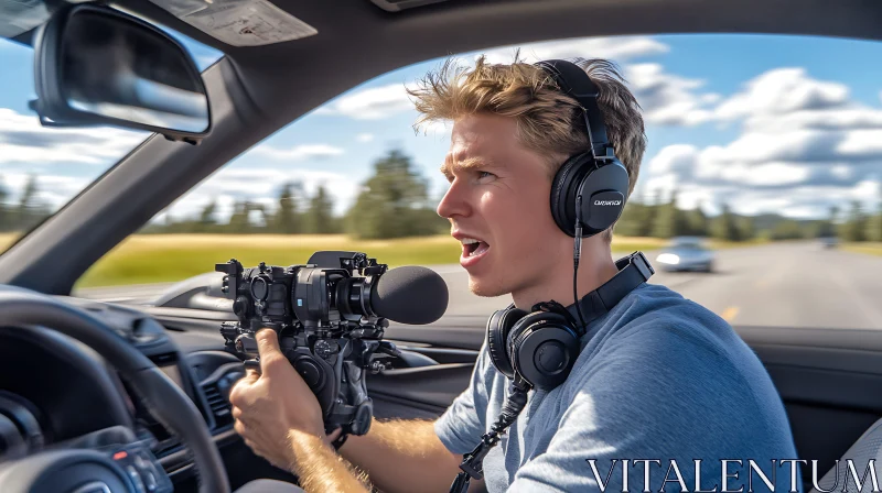 Young Man Recording Video in Moving Car with Professional Gear AI Image