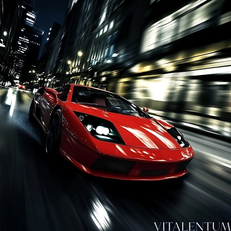 High-Speed Red Sports Car in Urban Nightscape AI Image