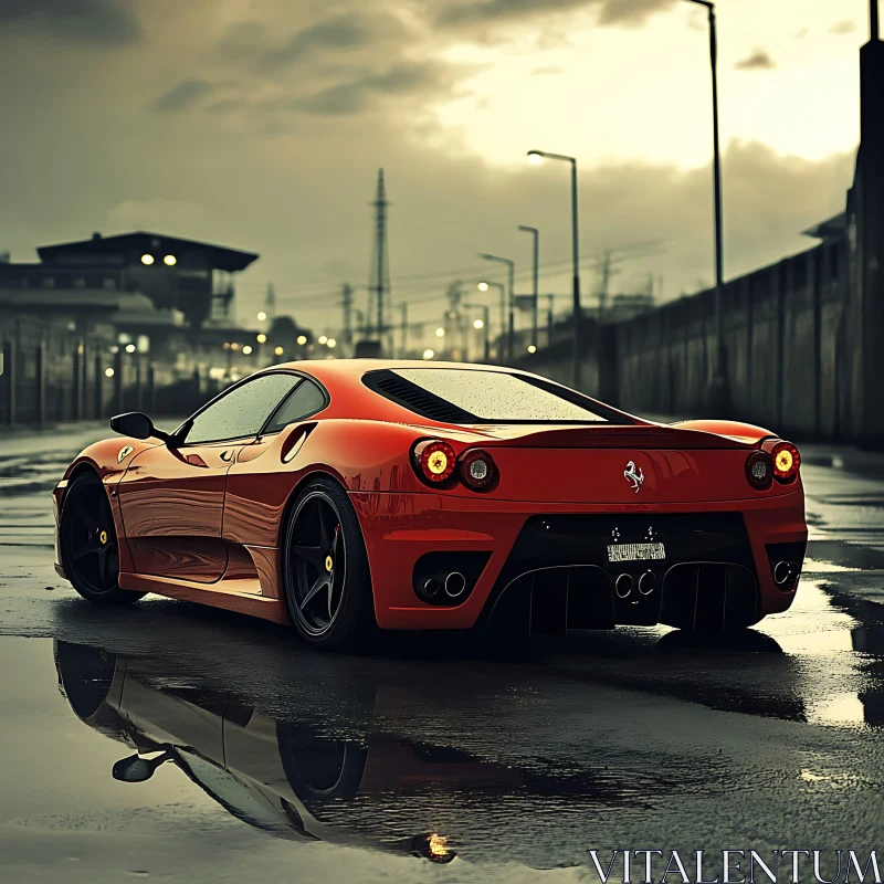 Sleek Red Sports Car Reflecting on Wet Surface AI Image