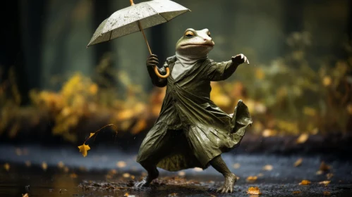 Frog in Rain Attire Holding Umbrella - Photo-Realistic Artwork