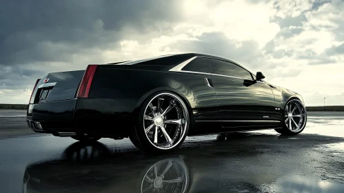 Sleek Black Sports Car on Wet Surface