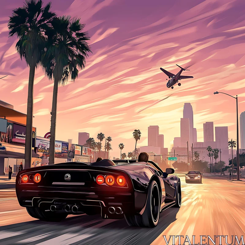 Sunset Drive Through Palm-lined Boulevard AI Image